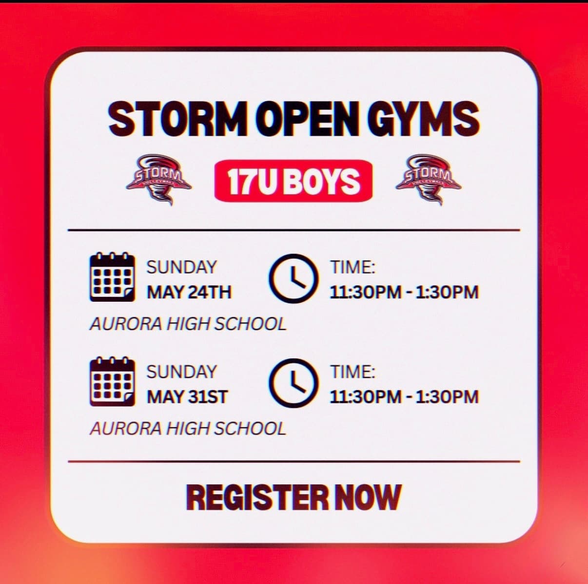 Storm 17U Boys Open Gym flyer