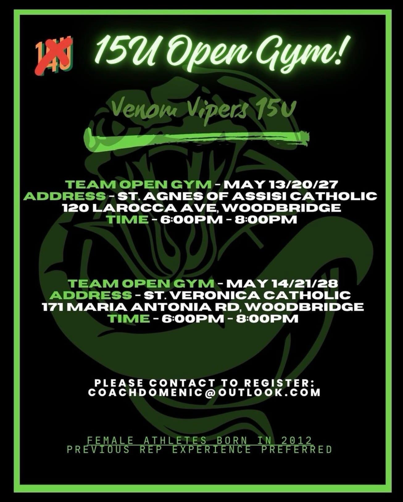 15U Girls Open Gym (Vipers) โ St. Veronica flyer