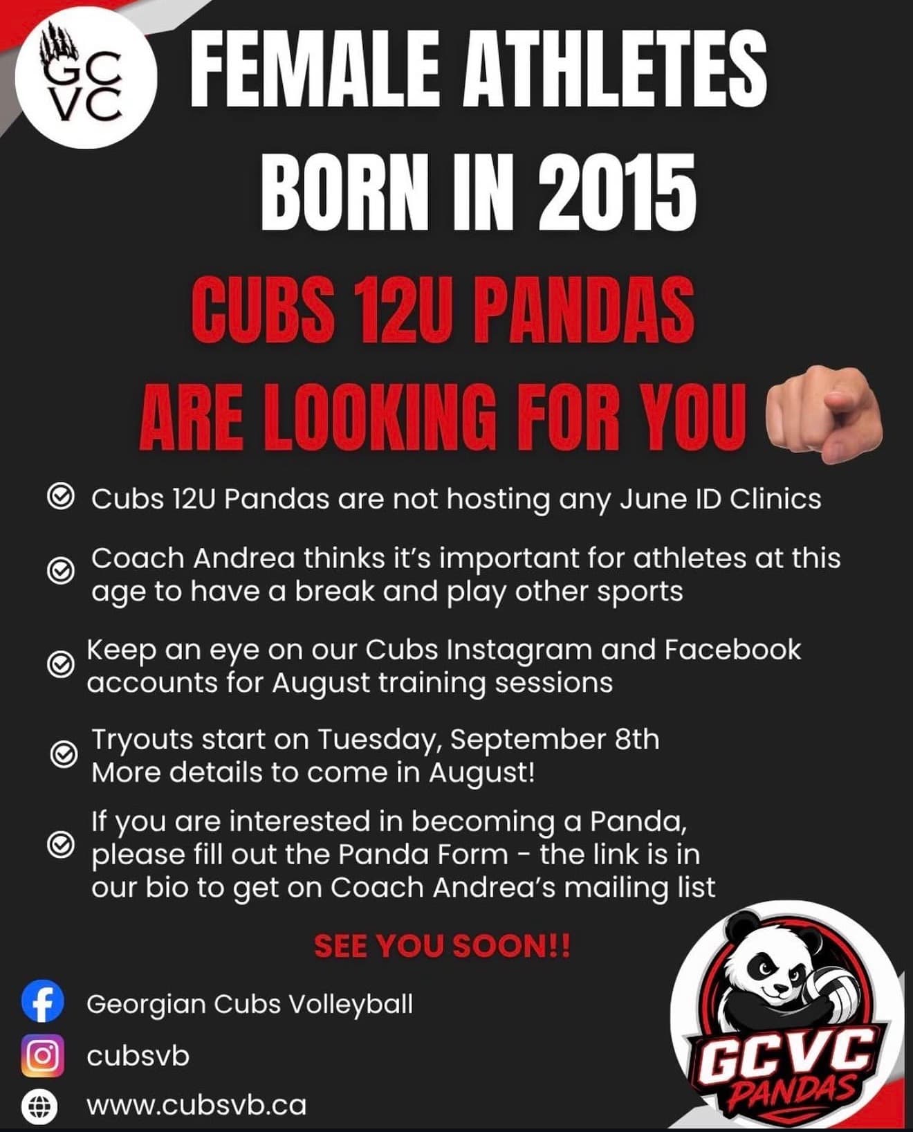 U12 Girls Cubs Pandas Tryouts (date approximate) flyer