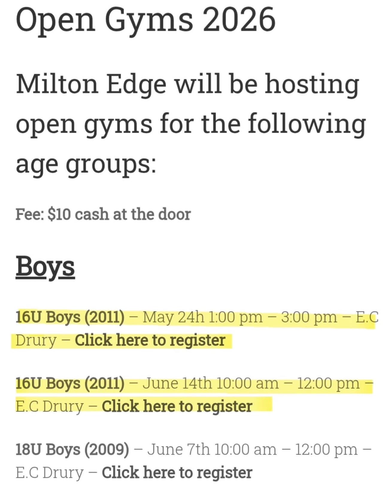 U16 Boys Milton Edge Open Gym (June 14) flyer