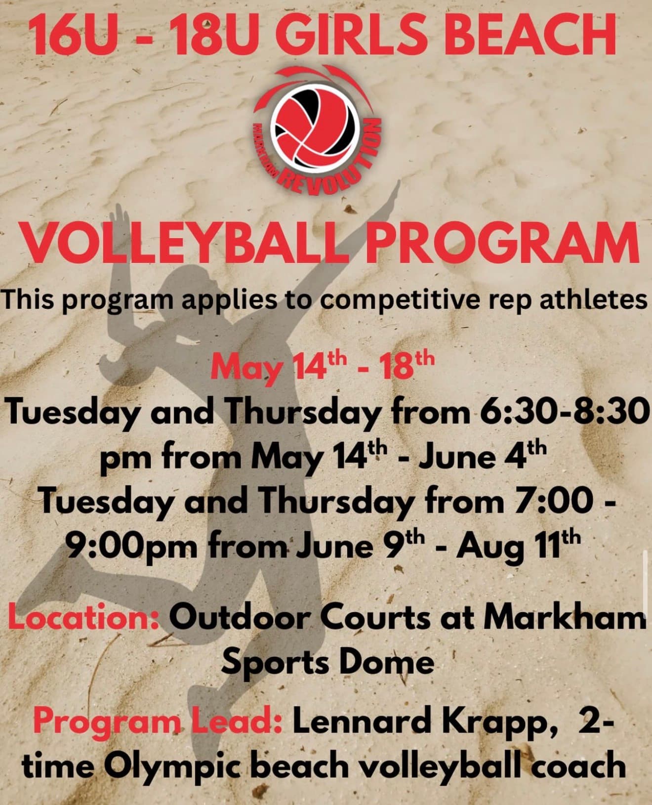 U16 Girls Beach Volleyball Program - Competitive Rep (Tue/Thu) flyer