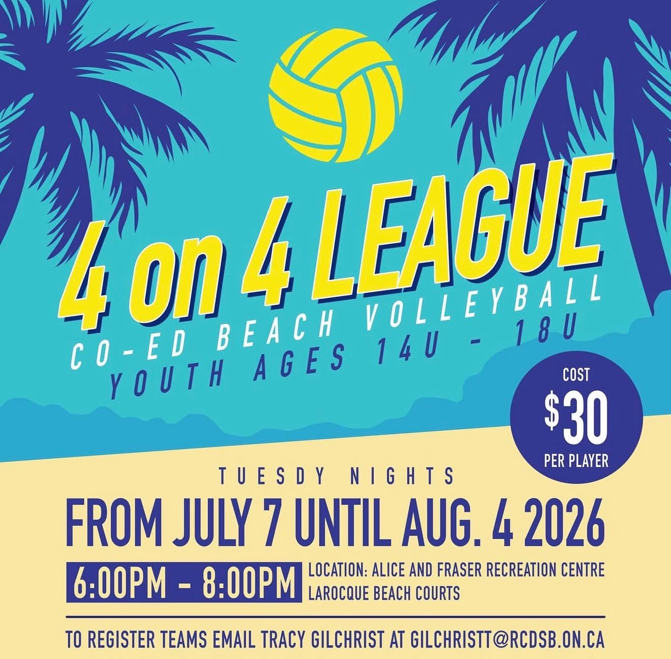 4 on 4 Co-ed Beach Volleyball League (Youth U14-U18) flyer