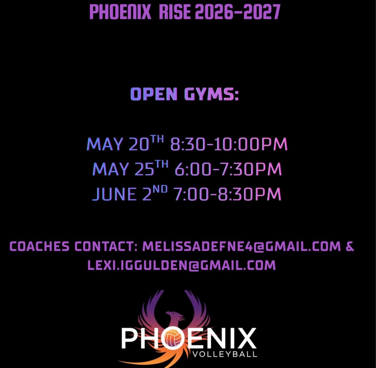 Phoenix Rise 2026-2027 Open Gyms flyer